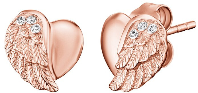 Engelsrufer Ružovo pozlátené strieborné náušnice Srdce s anjelským krídlom a zirkónmi ERE-LILHW-STR