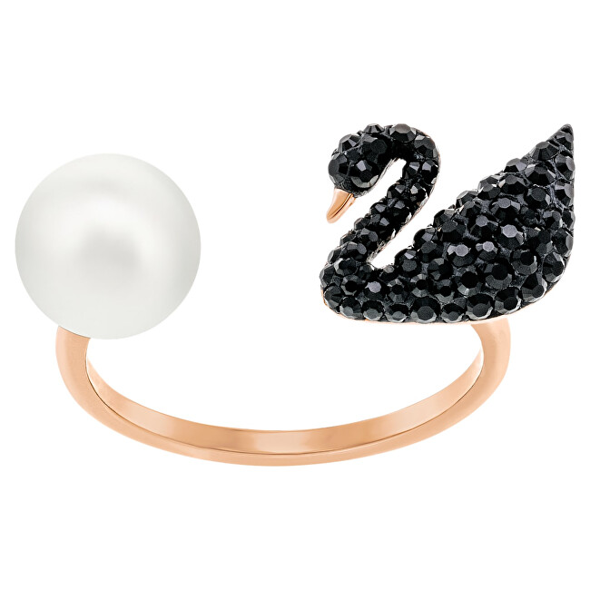 Swarovski Luxusné otvorený prsteň s labuťou a perlou Iconic Swan 5256266 50 mm